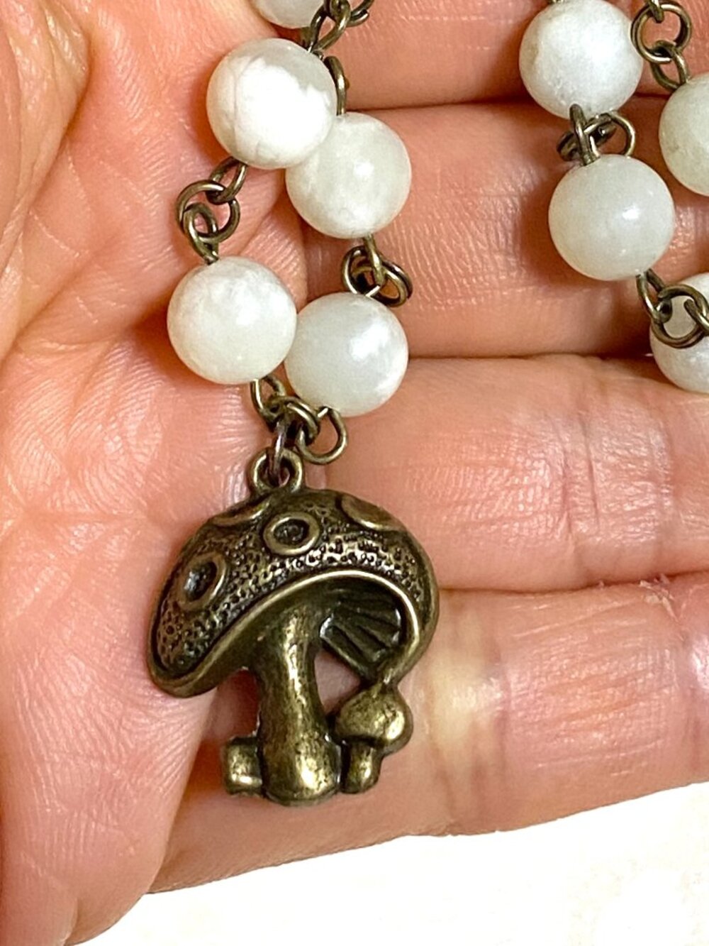 Natural Pale Green Serpentine Short Necklace, Gemstone & Bronze Round Mushroom - Picture 13 of 13